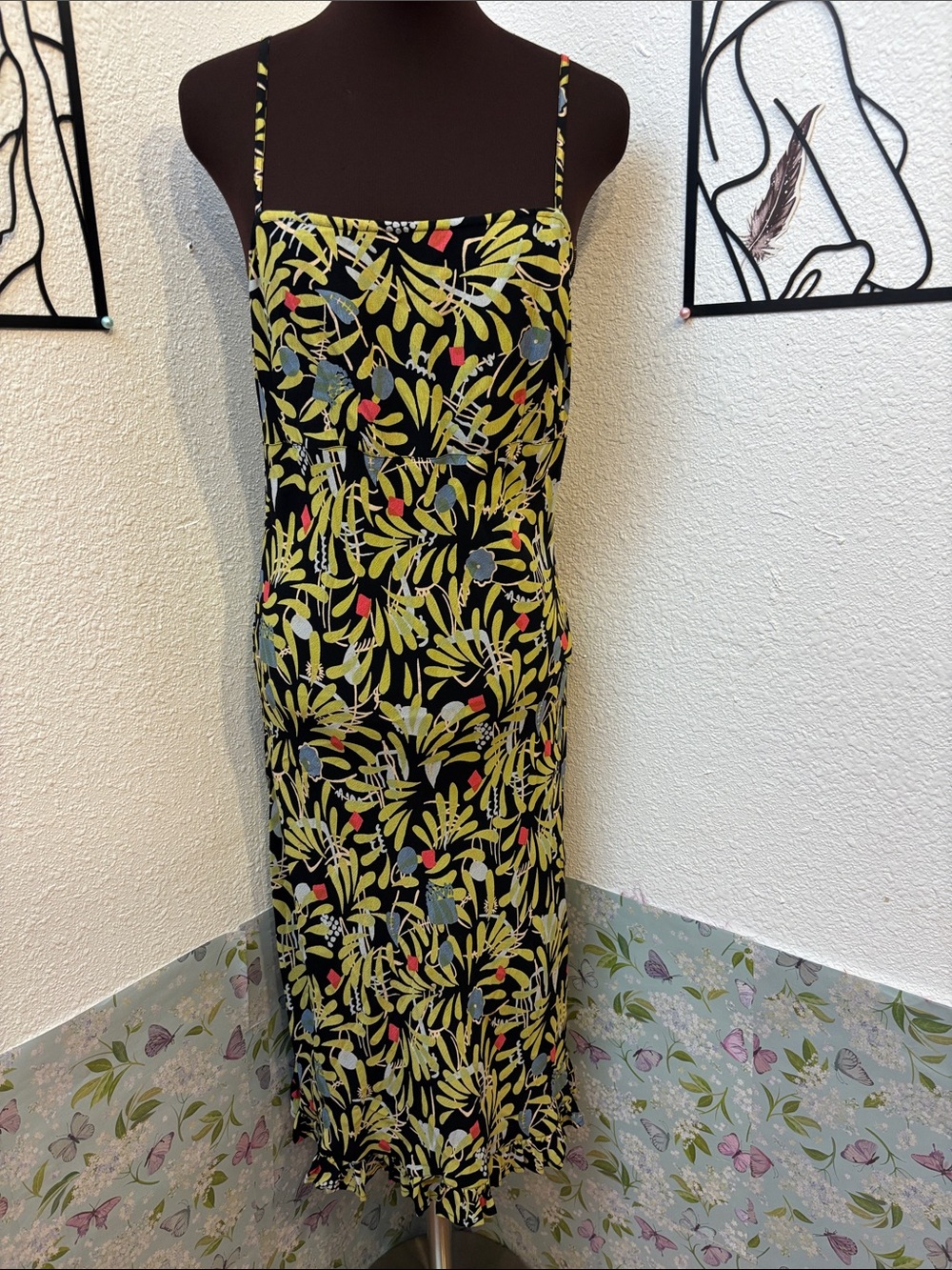 Vintage 1990’s Putumayo black & yellow-green floral slip midi dress. Size M.